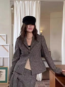【MAR】Women Retro Intellectual Woolen Blazer Set Waist Coat Skirt Three Piece Outfit