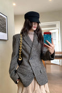 【MAR】Women Retro Intellectual Woolen Blazer Set Waist Coat Skirt Three Piece Outfit