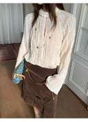 【MAR】Women Vintage Deconstructed Patchwork Skirt 2026 Spring Slim Brown Slit Midi Skirt