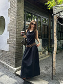 【FANGTING】Simple Smart Black Dress Drawstring Waist Maxi Dress Vacation Style Dress