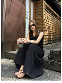 【FANGTING】Simple Smart Black Dress Drawstring Waist Maxi Dress Vacation Style Dress