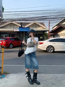 【FANGTING】 Women Summer Denim Skirt Vintage Washed Frayed Hem Blue Versatile A-Line Skirt