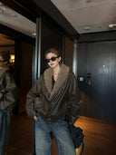 【FANGTING】Women Coffee PU Leather Bomber Jacket Fleece Collar Quilted Lined Short Moto Coat