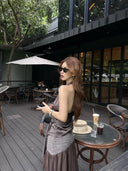 【FANGTING】Women Summer 2Pcs Outfit V Neck Halter Top Patchwork Chiffon Elegant Long Skirt Suit