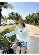 【FANGTING】Women Summer White V-Neck Long Sleeve Sun Protection Top Thin Loose Casual Cover Up Blouse