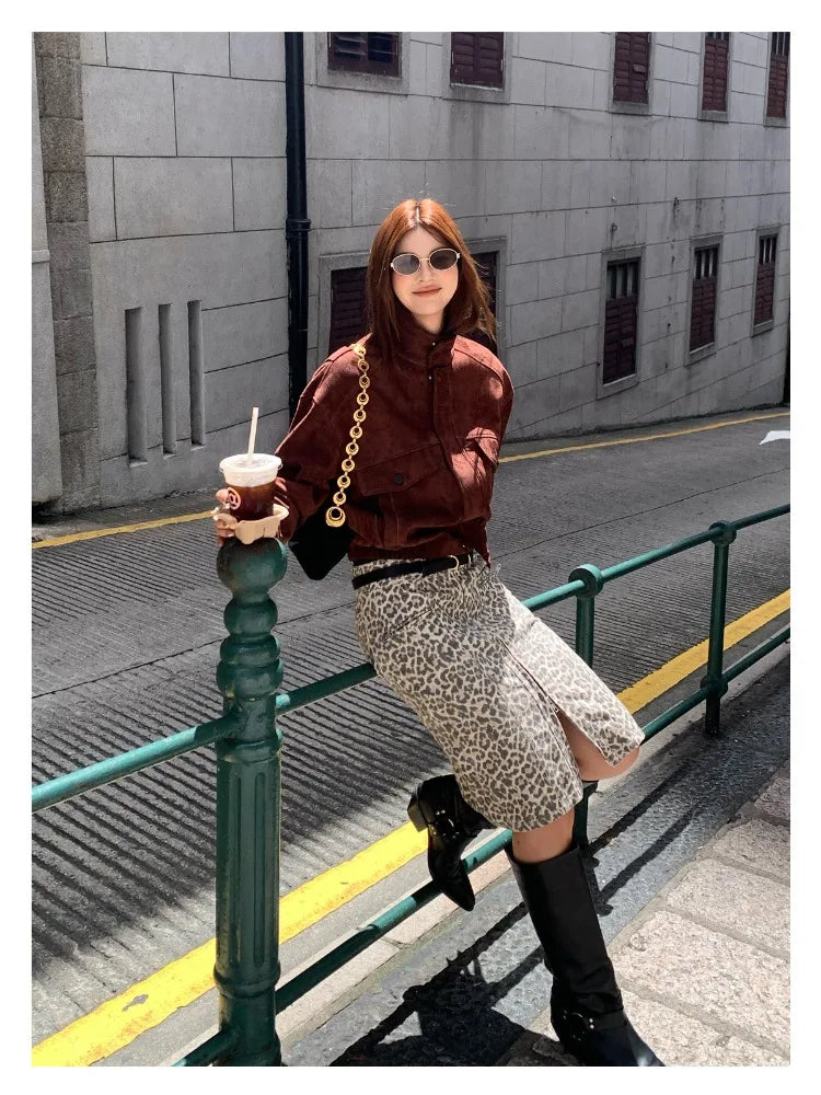【MAR】Women's Autumn / Winter Retro Leopard Print High Waist Straight Slit Skirt Commute Style