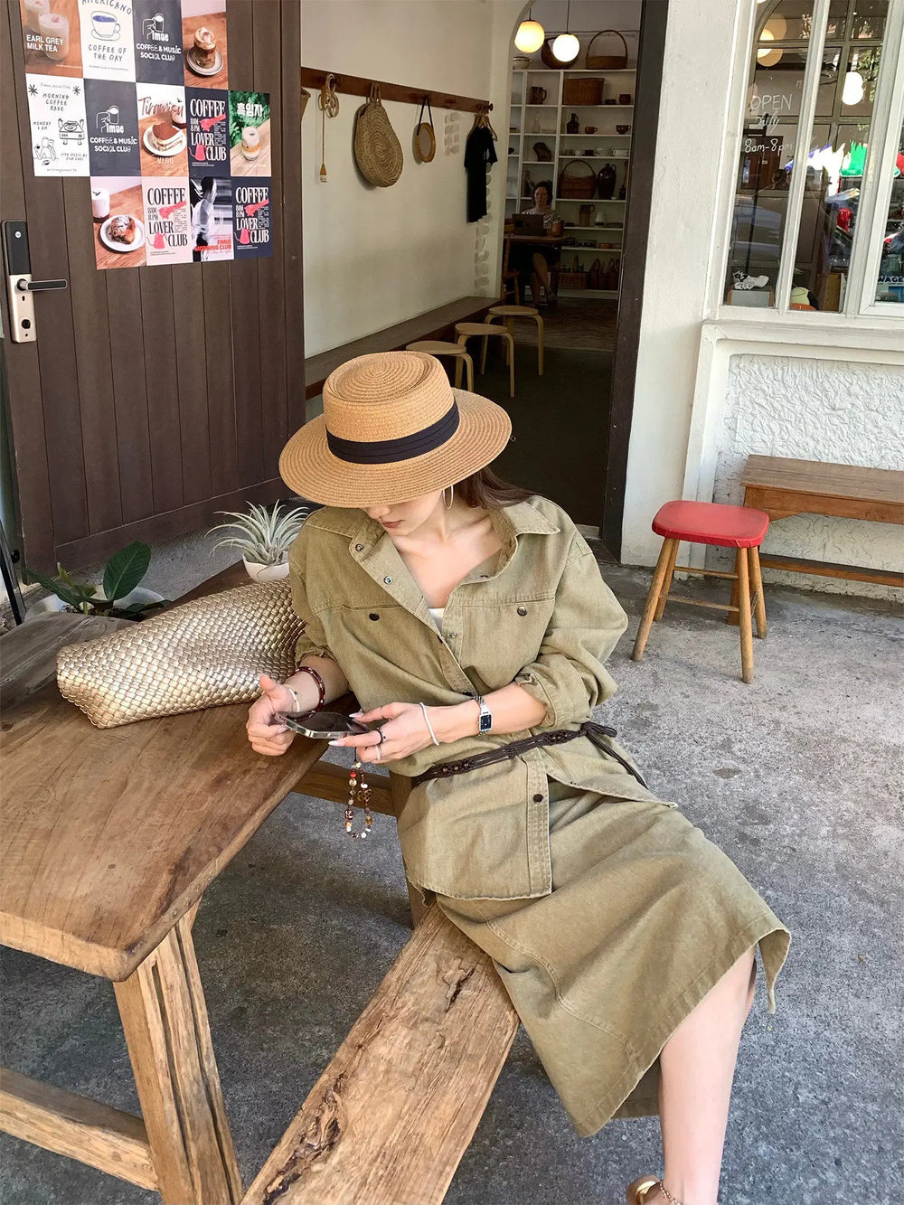 【FANGTING】Women's Khaki Shirt & Skirt Set Spring Casual Top & Skirt Two Piece Outfit
