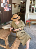 【FANGTING】Women's Khaki Shirt & Skirt Set Spring Casual Top & Skirt Two Piece Outfit