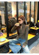 【FANGTING】Women's Half High Neck Zip Up Ribbed Knit Cardigan Slim Fit Short Sweater Coat