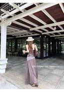【FANGTING】Women Summer 2Pcs Outfit V Neck Halter Top Patchwork Chiffon Elegant Long Skirt Suit