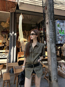 【FANGTING】Women's Army Green Shirt Spring Summer New Cargo Style Epaulet Blouse Coat