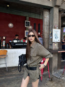 【FANGTING】Women's Army Green Shirt Spring Summer New Cargo Style Epaulet Blouse Coat