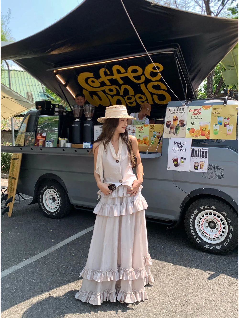【MAR】Women Blend Two Piece Set Ribbon Vest Waistcoat Ruffle Layered Hem Maxi Skirt