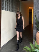 【FANGTING】Women Summer Black 2 Piece Set Draped Neck Top & A-Line Mini Skirt Outfit