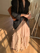 【MAR】Minimalist Black Oversized Blazer Women Mid-Length Double Breasted Suit Jacket Commute Top