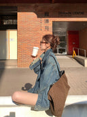 【FANGTING】Women's Vintage Denim Jacket Spring Loose Dark Blue Washed Casual Cargo Coat