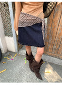 【MAR】Women Vintage Denim Skirt Low Waist Straight Raw Hem Slim Casual