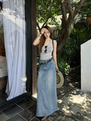 【FANGTING】Women's Denim Skirt Spring Summer New Style Slit Long Length A-Line Loose Skirt