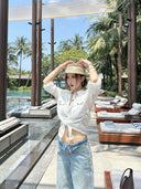 【FANGTING】White Ramie Workwear Shirt Women Summer Contrast Line Loose Lightweight Casual Blouse