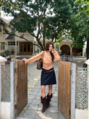 【MAR】Women Vintage Denim Skirt Low Waist Straight Raw Hem Slim Casual