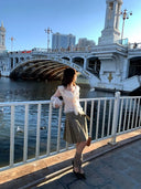 【MAR】Women's Early Spring Retro Hollow Embroidery Pleated Skirt A Line Slim Belt Midi Skirt