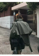 【FANGTING】Women's Cropped Trench Coat Spring Stand Collar Double Breasted Army Green Jacket