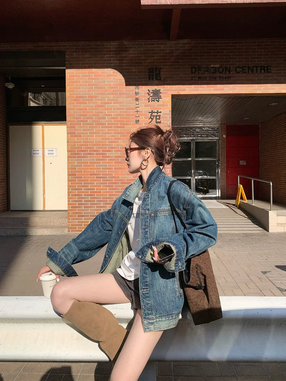 【FANGTING】Women's Vintage Denim Jacket Spring Loose Dark Blue Washed Casual Cargo Coat