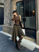 【FANGTING】 Women Spring Summer Irregular Skirt Post-Apocalyptic Style Maillard Brown Mid-Length Skirt
