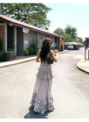 【MAR】Women Blend Two Piece Set Ribbon Vest Waistcoat Ruffle Layered Hem Maxi Skirt