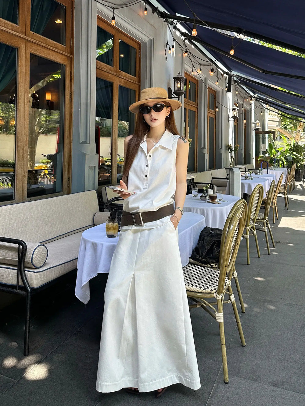【FANGTING】Women's White Vest Skirt Set Summer Top & Midi Skirt 2 Piece Outfits