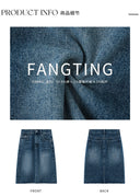 【FANGTING】 Women Summer Denim Skirt Vintage Washed Frayed Hem Blue Versatile A-Line Skirt