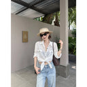 【FANGTING】White Ramie Workwear Shirt Women Summer Contrast Line Loose Lightweight Casual Blouse