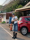 【FANGTING】 Women Summer Denim Skirt Vintage Washed Frayed Hem Blue Versatile A-Line Skirt