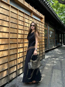 【FANGTING】Simple Smart Black Dress Drawstring Waist Maxi Dress Vacation Style Dress