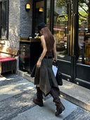 【FANGTING】 Women Spring Summer Irregular Skirt Post-Apocalyptic Style Maillard Brown Mid-Length Skirt