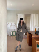 【MAR】Women Retro Intellectual Woolen Blazer Set Waist Coat Skirt Three Piece Outfit