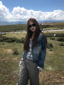 【FANGTING】Women American Vintage Washed Denim Jacket Fall Long Sleeve Lapel Short Coat