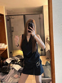 【FANGTING】Women Summer Black 2 Piece Set Draped Neck Top & A-Line Mini Skirt Outfit