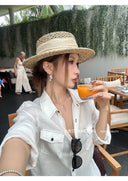 【FANGTING】White Ramie Workwear Shirt Women Summer Contrast Line Loose Lightweight Casual Blouse