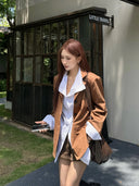 【FANGTING】Women's Coffee Brown Faux Suede Blazer Spring Elegant Luxury Business Suit Jacket