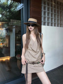 【FANGTING】Women Summer Black 2 Piece Set Draped Neck Top & A-Line Mini Skirt Outfit