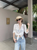 【FANGTING】White Ramie Workwear Shirt Women Summer Contrast Line Loose Lightweight Casual Blouse