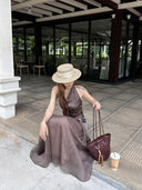 【FANGTING】Women Summer 2Pcs Outfit V Neck Halter Top Patchwork Chiffon Elegant Long Skirt Suit
