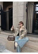 【FANGTING】Women Winter Leopard Print Faux Fur Coat Loose Short Warm Fur Lined Outerwear