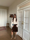【MAR】Women Vintage Deconstructed Patchwork Skirt 2026 Spring Slim Brown Slit Midi Skirt