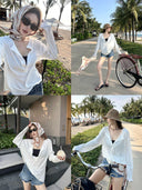 【FANGTING】Women Summer White V-Neck Long Sleeve Sun Protection Top Thin Loose Casual Cover Up Blouse