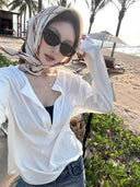 【FANGTING】Women Summer White V-Neck Long Sleeve Sun Protection Top Thin Loose Casual Cover Up Blouse