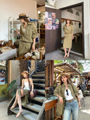 【FANGTING】Women's Khaki Shirt & Skirt Set Spring Casual Top & Skirt Two Piece Outfit