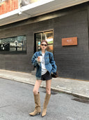 【FANGTING】Women's Vintage Denim Jacket Spring Loose Dark Blue Washed Casual Cargo Coat