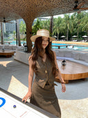 【MAR】Elegant V Neck Vest Skirt Set Women Summer Sleeveless High Grade Two Piece Outfit